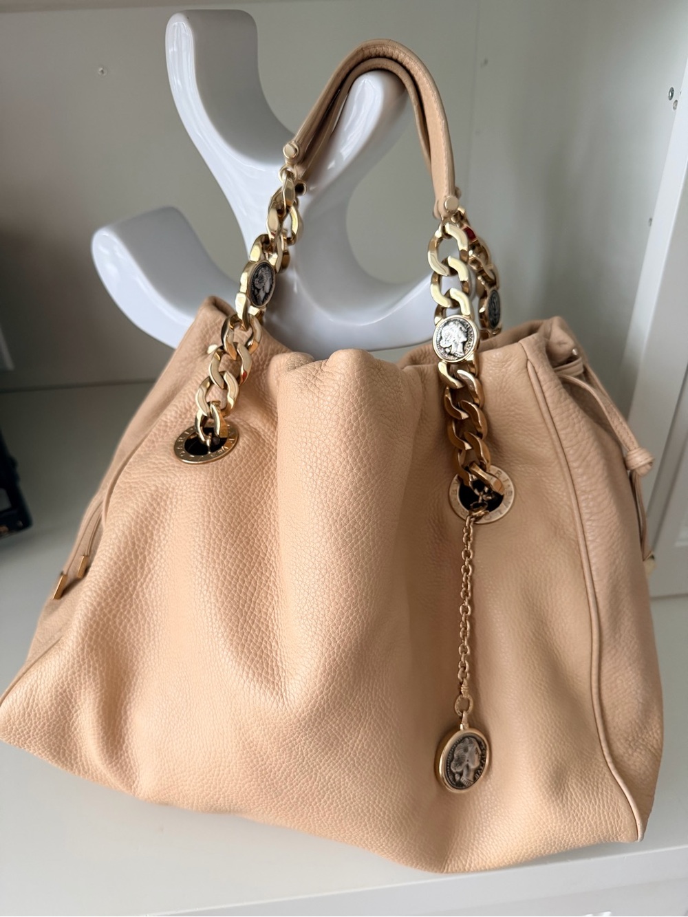 BVLGARI Beige leather Money Collection Bonton Tote Shoulder Purse Bag Authentic